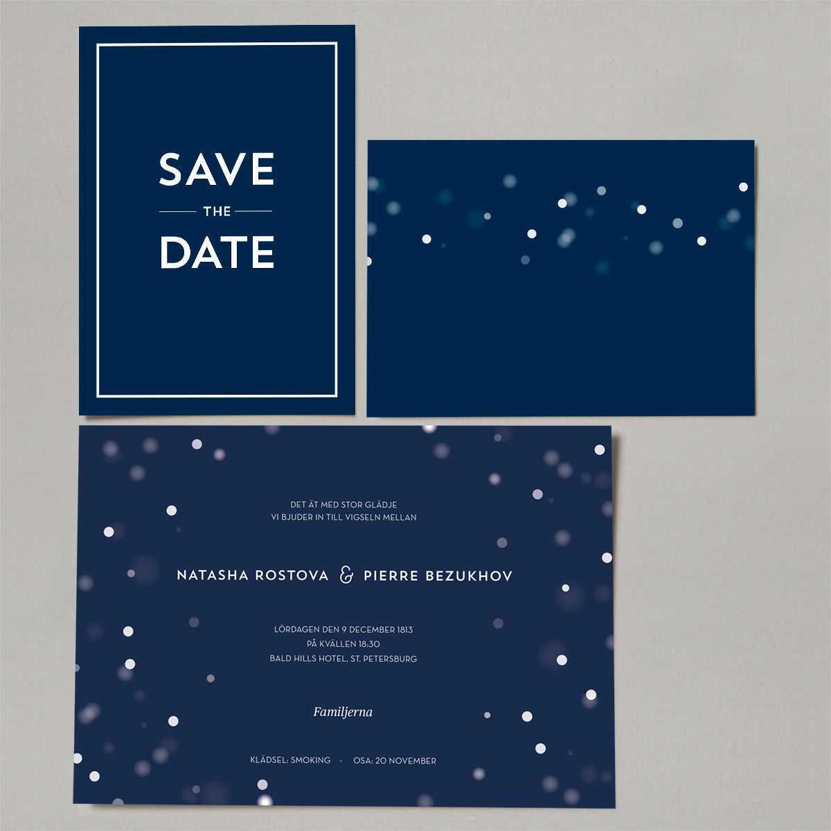 Snösave the date, bröllopsinbjudan och OSA-kort