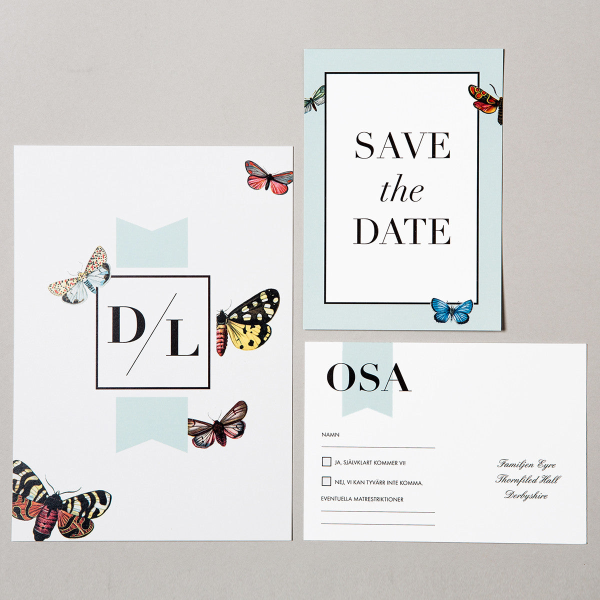 Butterfly bröllopsinbjudan, Save the Date kort och OSA kort